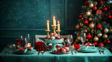 ai gegenereerd Kerstmis traditioneel versierd tafel gegenereerd door ai foto