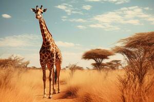 ai gegenereerd giraffe in de savanne van etosha nationaal park in Namibië, giraffe wandelen in de savanne, ai gegenereerd foto