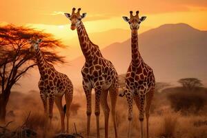 ai gegenereerd groep van giraffen in savanne Bij zonsondergang, zuiden Afrika, giraffe wandelen in de savanne, ai gegenereerd foto