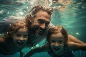 ai gegenereerd gelukkig familie onderwater- in zwemmen zwembad. vader, moeder en dochter onderwater, vader en dochters zwemmen onderwater- in de zwembad, ai gegenereerd foto