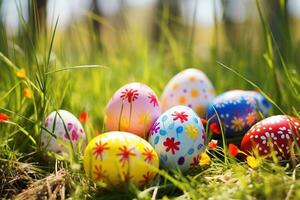 ai gegenereerd kleurrijk Pasen eieren in gras. gelukkig Pasen achtergrond. foto