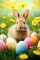 ai gegenereerd Pasen konijn en kleurrijk eieren Aan groen gras met bloemen achtergrond. foto