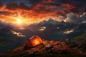 ai gegenereerd tent in de bergen Bij zonsondergang. mooi zomer landschap met een tent. foto