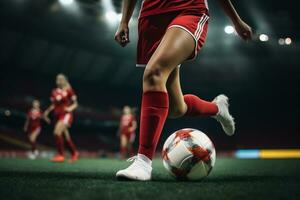 ai gegenereerd detailopname van voetbal bal in beweging Aan gras gedreven door meisje foto