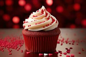 ai gegenereerd Valentijn koekje met hartvormig hagelslag Aan rood achtergrond foto