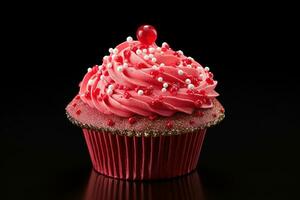 ai gegenereerd Valentijn koekje met hartvormig hagelslag Aan rood achtergrond foto