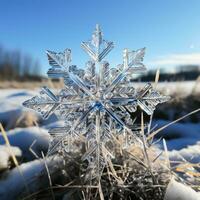 ai gegenereerd sneeuwvlok landen Aan de ijzig grond. Kerstmis tijd foto