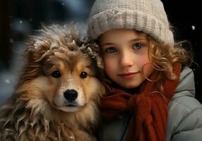 ai gegenereerd kind gekleed hartelijk in wollen hoed en sjaal, Aan de straat met sneeuw vallend en met een puppy Aan zijn ronde. winter tijd. foto