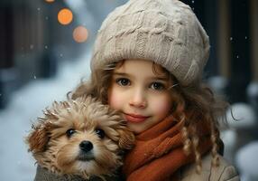 ai gegenereerd kind gekleed hartelijk in wollen hoed en sjaal, Aan de straat met sneeuw vallend en met een puppy Aan zijn ronde. winter tijd. foto