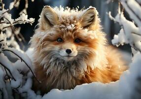 ai gegenereerd rood vos in winter landschap met vallend sneeuw foto