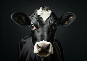 ai gegenereerd realistisch portret van een koe Aan donker achtergrond foto