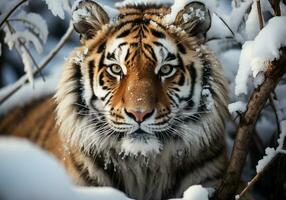 ai gegenereerd reusachtig Siberisch tijger in winter landschap met vallend sneeuw foto