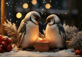 ai gegenereerd pinguïns in de sneeuw in winter landschap met vallend sneeuw foto