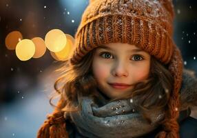 ai gegenereerd meisje gekleed hartelijk in een wollen hoed en sjaal Aan de straat met vallend sneeuw. winter tijd foto