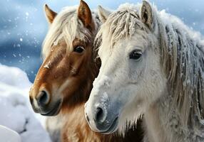 ai gegenereerd typisch IJslands paard in winter landschap met vallend sneeuw foto