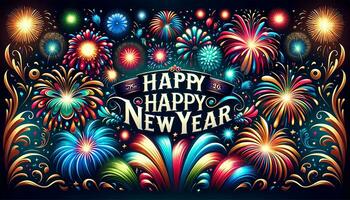 ai gegenereerd gelukkig nieuw jaar 2024 banier met kleurrijk vuurwerk exploderend in de nacht lucht. foto