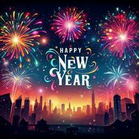 ai gegenereerd gelukkig nieuw jaar 2024 banier met kleurrijk vuurwerk exploderend in de nacht lucht. foto