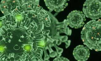 3D-coronavirus groene achtergrond. gevaarlijke griepstamgevallen als een pandemische medische gezondheid griepbescherming met vaccin foto