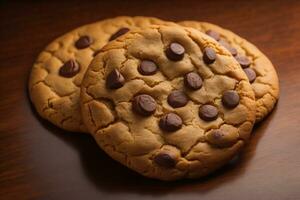 ai gegenereerd chocola spaander koekjes Aan oranje achtergrond. dichtbij omhoog. selectief focus. ai generatief foto