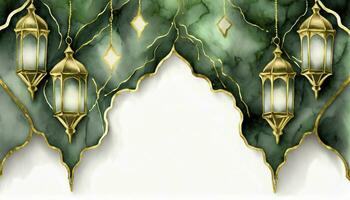 ai gegenereerd Ramadan kareem moskee Islamitisch waterverf achtergrond met gouden aderen en marmeren structuur foto