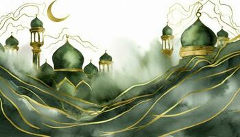 ai gegenereerd Ramadan kareem moskee Islamitisch waterverf achtergrond met gouden aderen en marmeren structuur foto