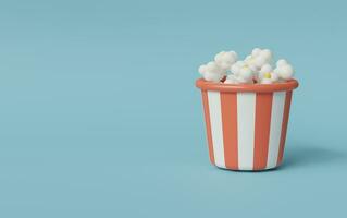 popcorn emmer Aan blauw achtergrond. bioscoop concept. 3d renderen illustratie. foto