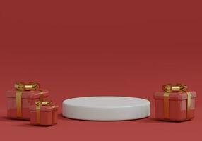 Kerstmis Product podium tafereel Aan rood achtergrond. 3d renderen illustratie. foto