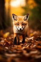 ai gegenereerd rood vos in de herfst Woud. mooi wild dier in natuur. foto