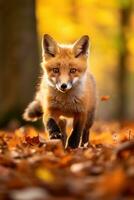 ai gegenereerd rood vos in de herfst Woud. mooi wild dier in natuur. foto