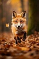 ai gegenereerd rood vos in de herfst Woud. mooi wild dier in natuur. foto