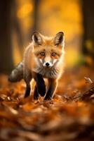 ai gegenereerd rood vos in de herfst Woud. mooi wild dier in natuur. foto