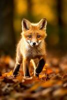 ai gegenereerd rood vos in de herfst Woud. mooi wild dier in natuur. foto