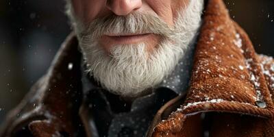 ai gegenereerd verweerd gezicht van een ouderen Mens in winter kleding, reeks tegen een besneeuwd. ai generatief. foto