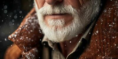ai gegenereerd verweerd gezicht van een ouderen Mens in winter kleding, reeks tegen een besneeuwd. ai generatief. foto