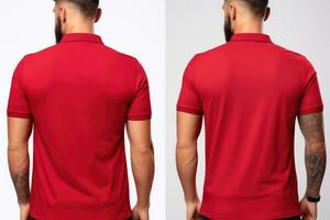 ai gegenereerd voorkant en terug visie van een Mens vervelend een rood polo shirt, een mannetje model- vervelend een gemakkelijk rood polo overhemd Aan een wit achtergrond, met voorkant en terug keer bekeken, ai gegenereerd foto