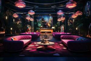 ai gegenereerd interieur van een luxe hotel restaurant met roze banken, een versierd nacht club met elegant couches en kleurrijk cocktail tafels, ai gegenereerd foto