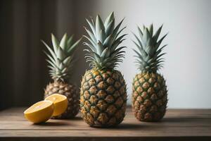 ai gegenereerd ananas Aan een houten achtergrond. ai generatief foto