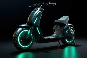 ai gegenereerd modern stedelijk scooter Aan een donker achtergrond. 3d weergave, een algemeen elektrisch scooter, een futuristische mobiliteit oplossing voor steden, duurzame vervoer oplossingen, groen energie foto