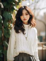 ai gegenereerd mooi Aziatisch vrouw in wit kabel breien trui en rokm, wit kabel breien trui en rok foto