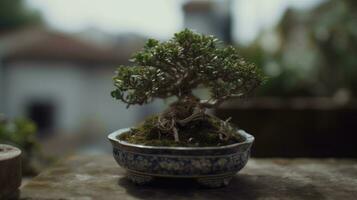 ai gegenereerd mooi mini bonsai fabriek Scherm in een keramisch pot buitenshuis portiek. foto