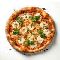 ai gegenereerd top visie van pizza geïsoleerd Aan wit achtergrond. foto voor restaurant menu, reclame, levering, banier