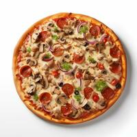 ai gegenereerd top visie van pizza geïsoleerd Aan wit achtergrond. foto voor restaurant menu, reclame, levering, banier