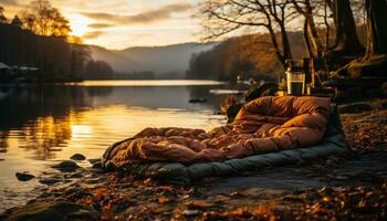 ai gegenereerd wandelen avontuur in herfst, backpacken door berg pieken Bij zonsopkomst gegenereerd door ai foto