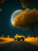 ai gegenereerd geel auto in de nacht foto