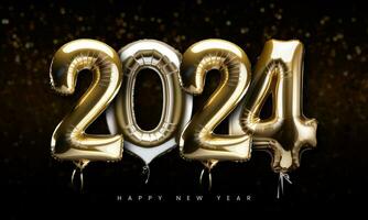 ai gegenereerd gelukkig nieuw jaar 2024. goud folie ballon aantal en tekst Aan zwart bokeh achtergrond foto