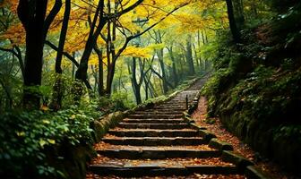 ai gegenereerd de betoverend tafereel van beton trap gedekt met geel gedaald bladeren in een herfst park foto