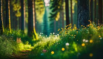 ai gegenereerd Woud mooi natuurlijk landschap met pijnboom bomen en wild bloemen selectief focus foto