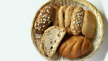 ai gegenereerd brood en koekjes in mand foto