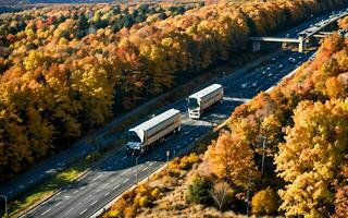 ai gegenereerd herfst- snelweg keer bekeken antenne kalmte over- bossen en viaducten ai gegenereerd foto