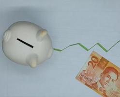 Filipijns bankbiljet en spaarvarken op achtergrond met stijgende trend groene lijn, bekijken van bovenaf foto